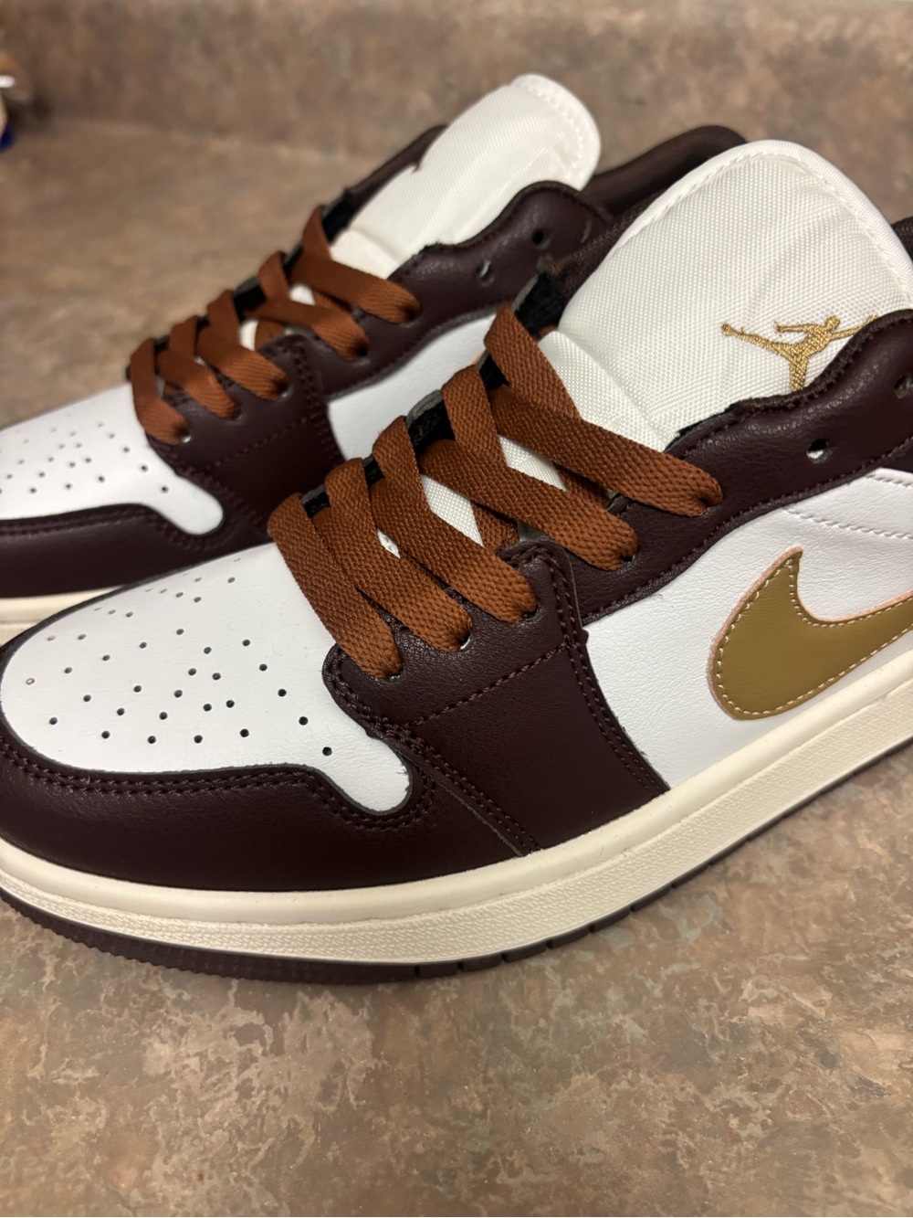 Air-inspired Low Top Sneakers in White & Brown with Gold Accent
